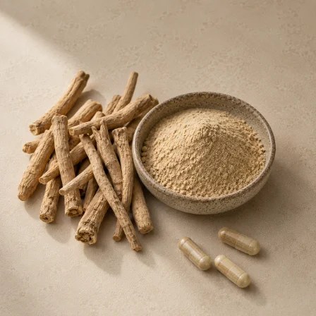Ashwagandha roots beside milled ashwagandha powder
