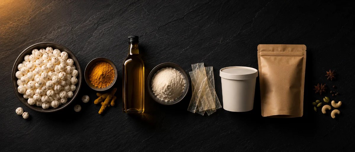 Portfolio montage — spices, capsules, oils and packaging