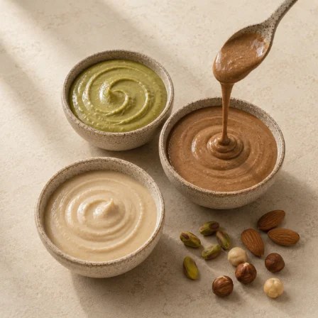 Nut and praline pastes in open jars